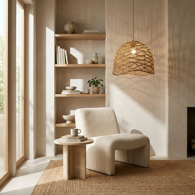 Nami Dome Rattan Pendant Light, Japandi Boho Handwoven Natural Shade