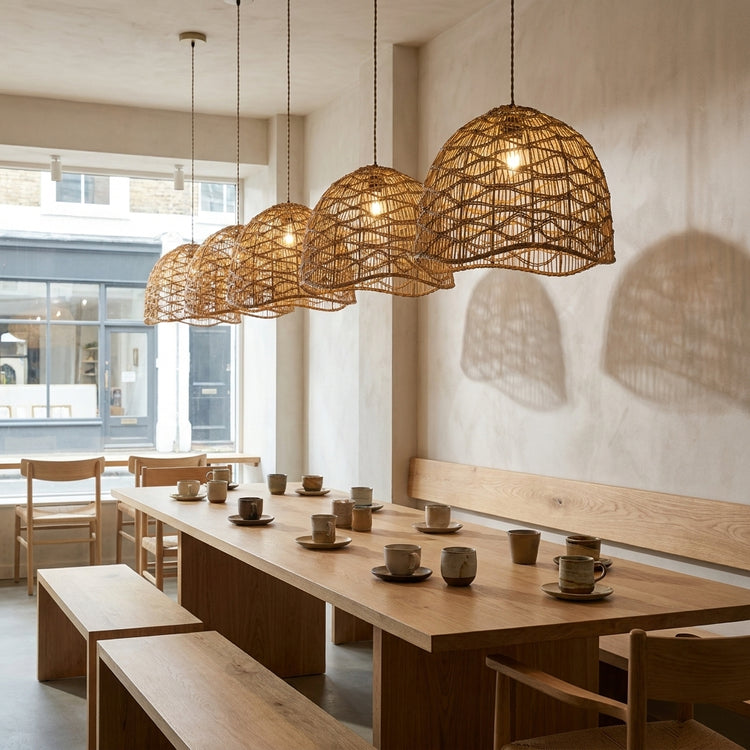 Nami Dome Rattan Pendant Light, Japandi Boho Handwoven Natural Shade