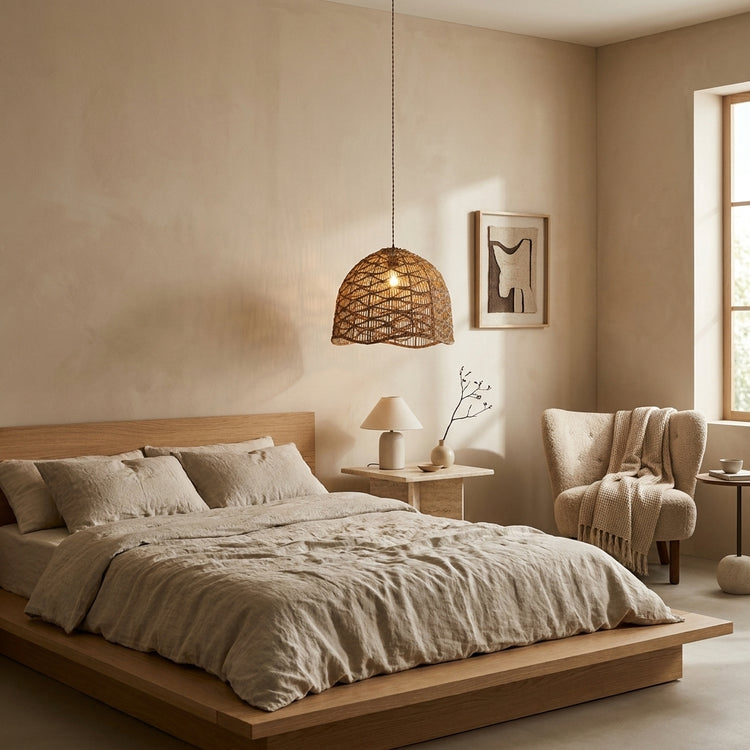 Nami Dome Rattan Pendant Light, Japandi Boho Handwoven Natural Shade