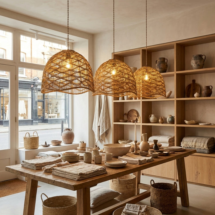Nami Dome Rattan Pendant Light, Japandi Boho Handwoven Natural Shade