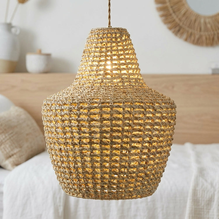 Mika Handwoven Rattan Pendant Light, Modern Coastal Boho Natural Fiber Lighting