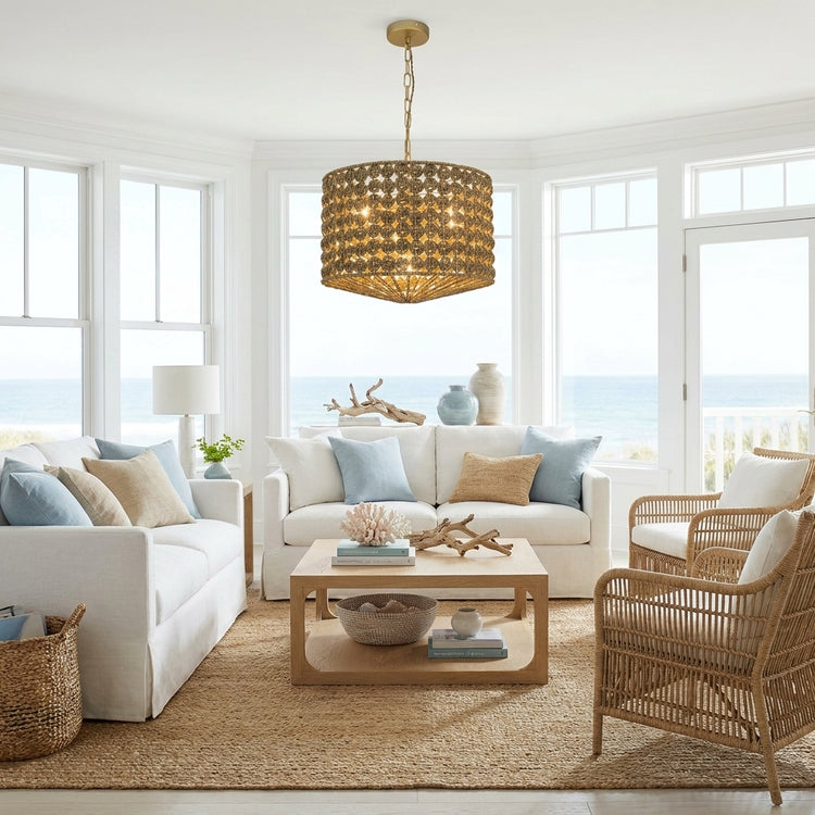 Koyo 4-Light Rattan Hemp Drum Pendant, Rustic Coastal Boho - Handwoven
