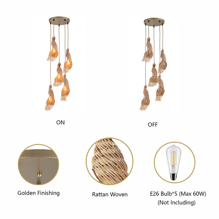 Dena 5-Light Multi Pendant Modern Rattan Cluster Chandelier