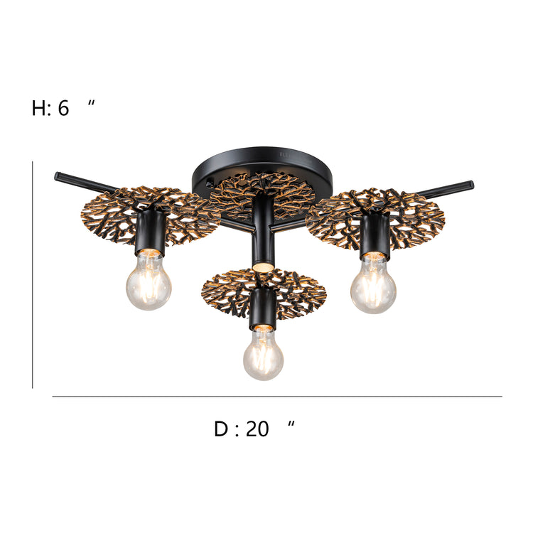 Evelyn 3-Light Rustic Farmhouse Semi Flush Mount Ceiling Light Antique Brushed Black