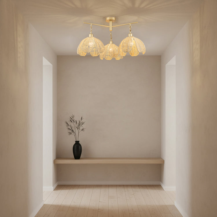 Cali 3-Light Rattan Floral Semi Flush Mount, Coastal Boho - Handwoven