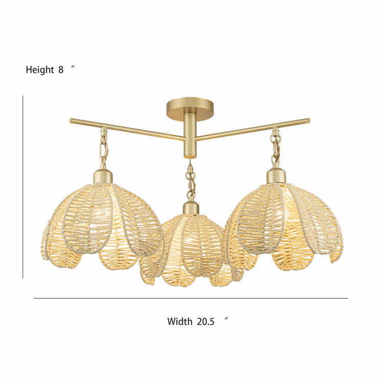 Cali 3-Light Rattan Floral Semi Flush Mount, Coastal Boho - Handwoven