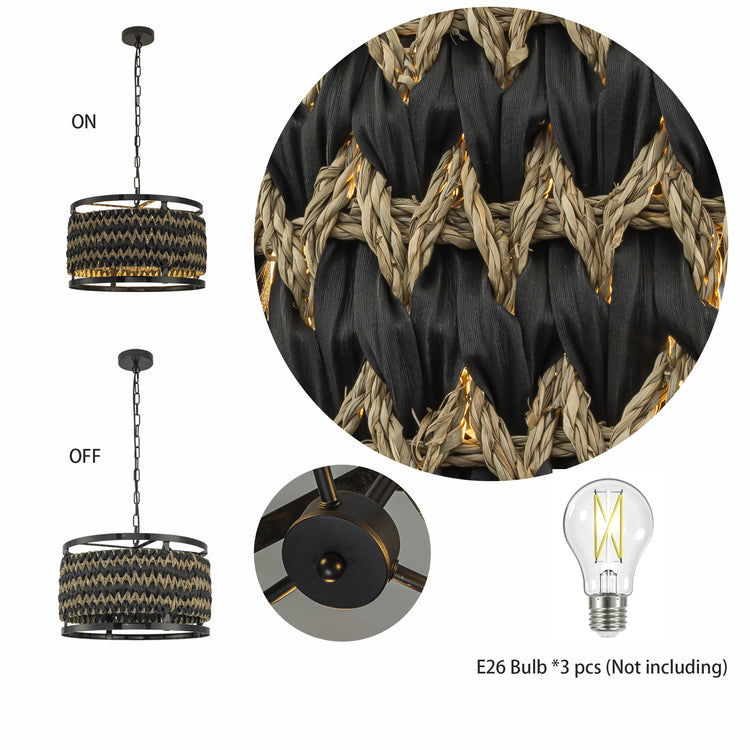 Amara 3-Light Wicker Drum Pendant, Rustic Boho Handwoven Natural Lighting