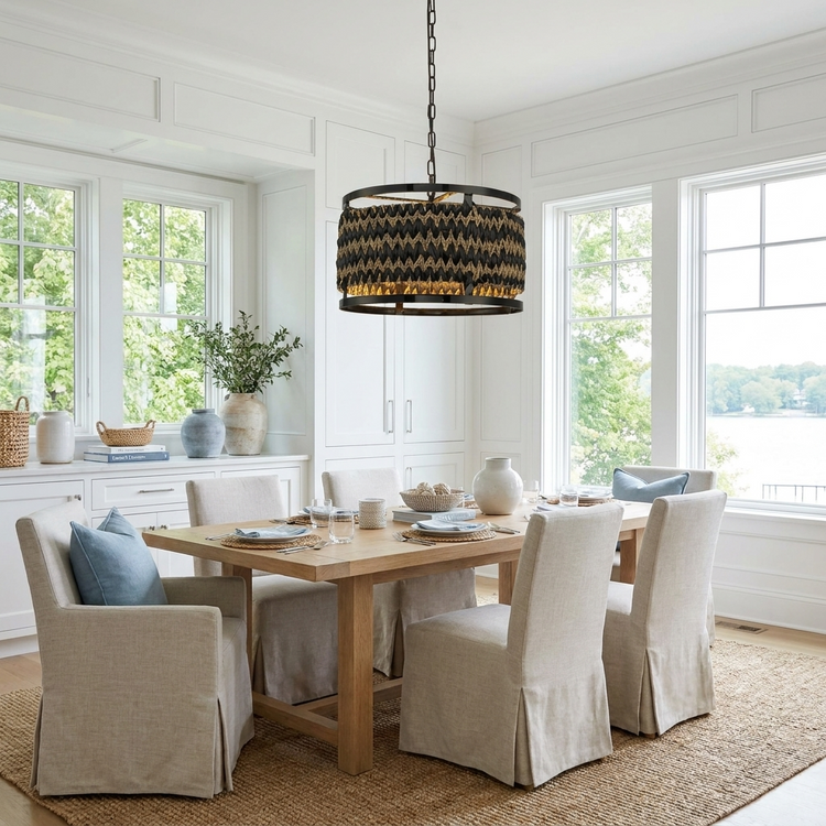 Amara 3-Light Wicker Drum Pendant, Rustic Boho Handwoven Natural Lighting