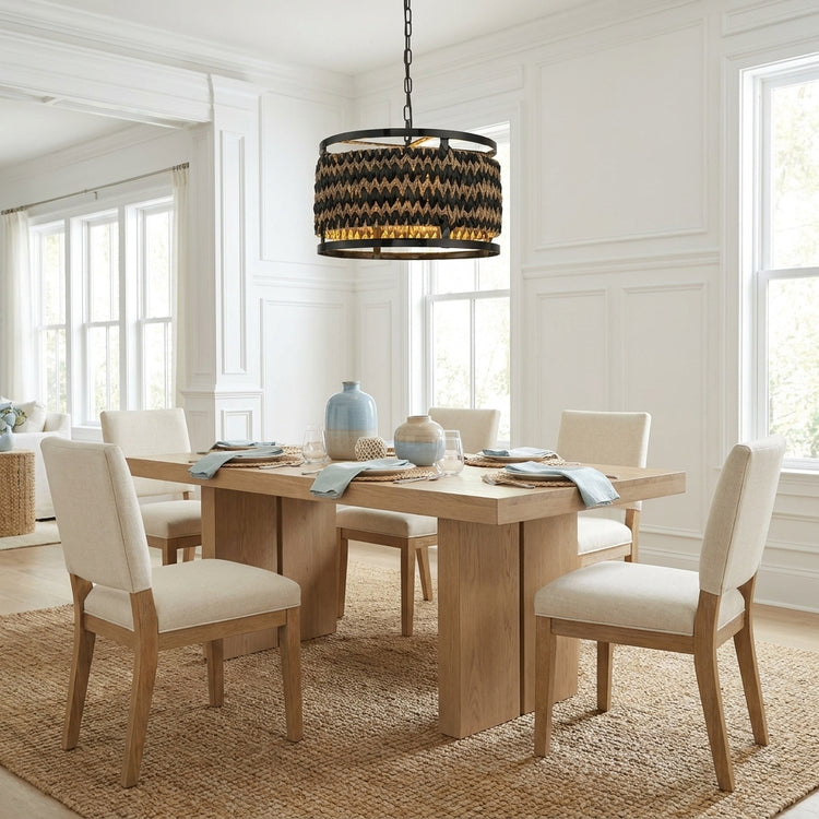 Amara 3-Light Wicker Drum Pendant, Rustic Boho Handwoven Natural Lighting