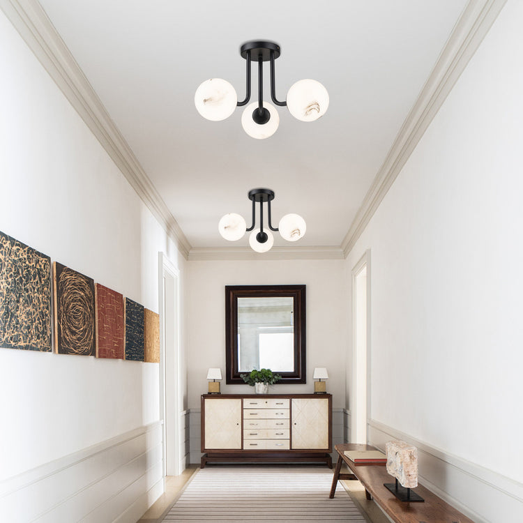 Elio Mid Century 3-Light Modern Semi-Flush Mount Ceiling Light With Marbled Globe Glass Shades Matte Black