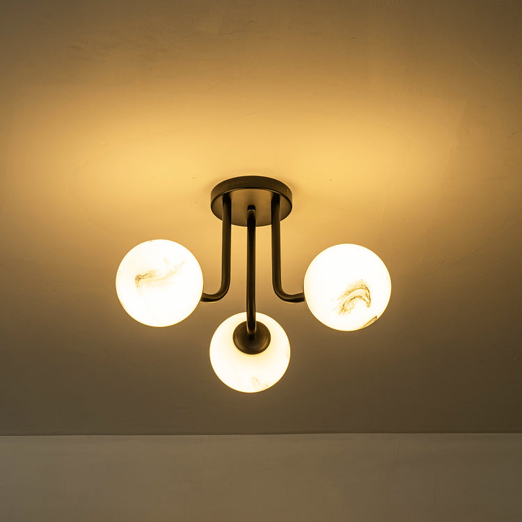 Elio Mid Century 3-Light Modern Semi-Flush Mount Ceiling Light With Marbled Globe Glass Shades Matte Black