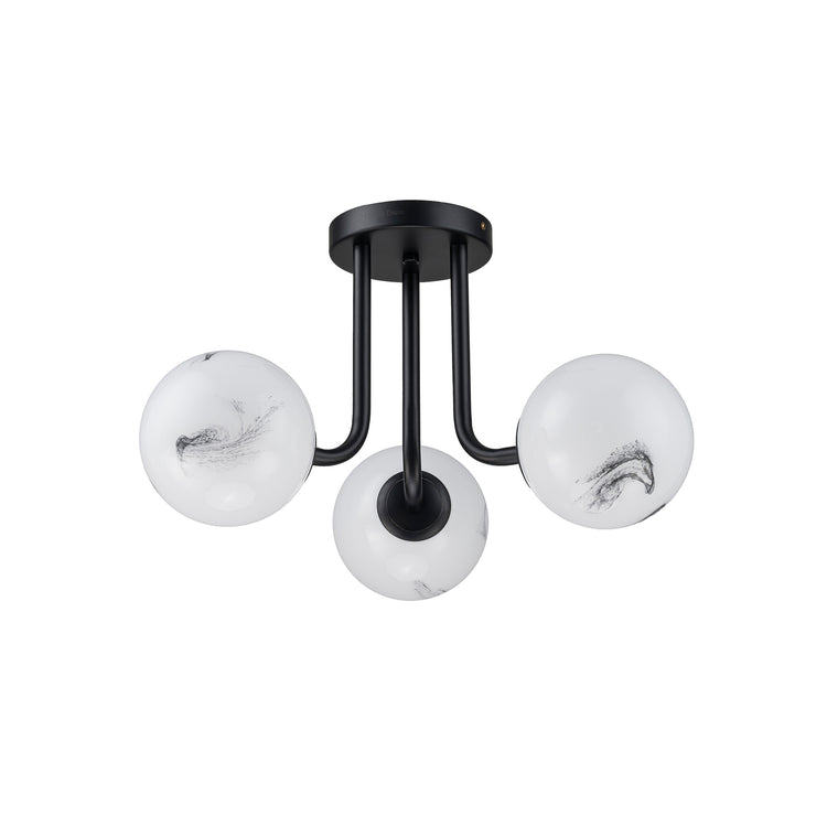 Elio Mid Century 3-Light Modern Semi-Flush Mount Ceiling Light With Marbled Globe Glass Shades Matte Black