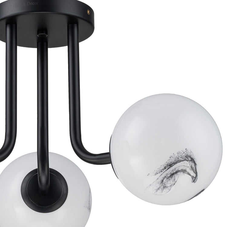 Elio Mid Century 3-Light Modern Semi-Flush Mount Ceiling Light With Marbled Globe Glass Shades Matte Black