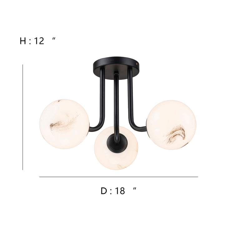 Elio Mid Century 3-Light Modern Semi-Flush Mount Ceiling Light With Marbled Globe Glass Shades Matte Black
