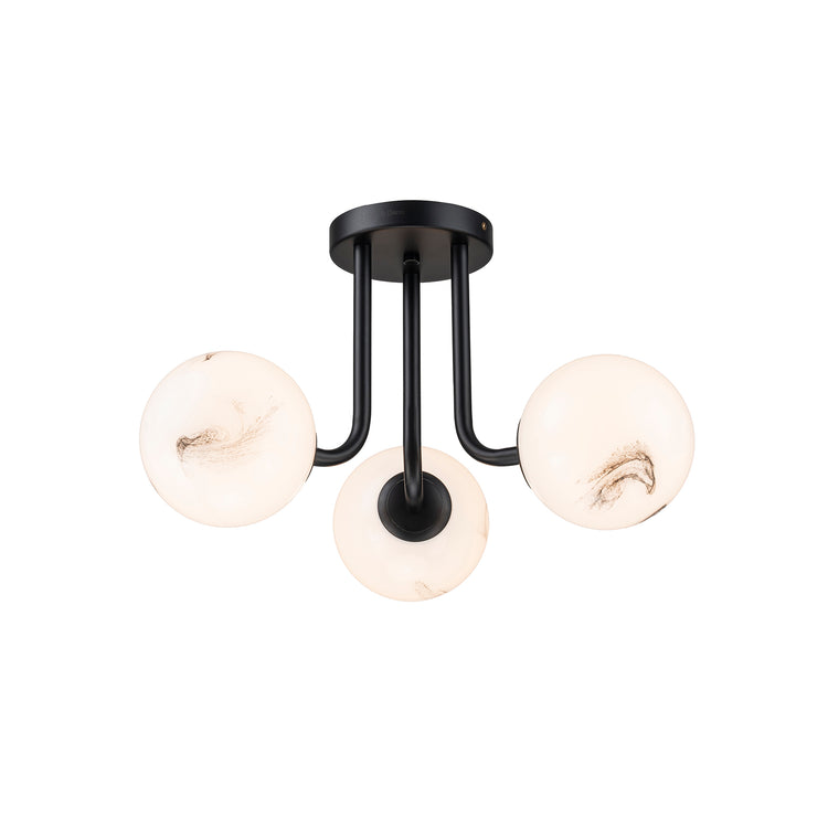 Elio Mid Century 3-Light Modern Semi-Flush Mount Ceiling Light With Marbled Globe Glass Shades Matte Black