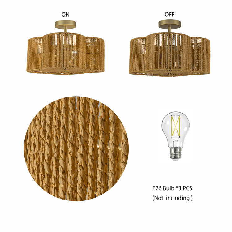 Valia 3-Light Rattan Hemp Coastal Boho 16 in. Gold Semi Flush Mount