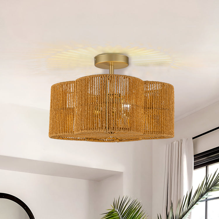 Valia 3-Light Rattan Coastal Boho 16 in. Gold Semi Flush Mount