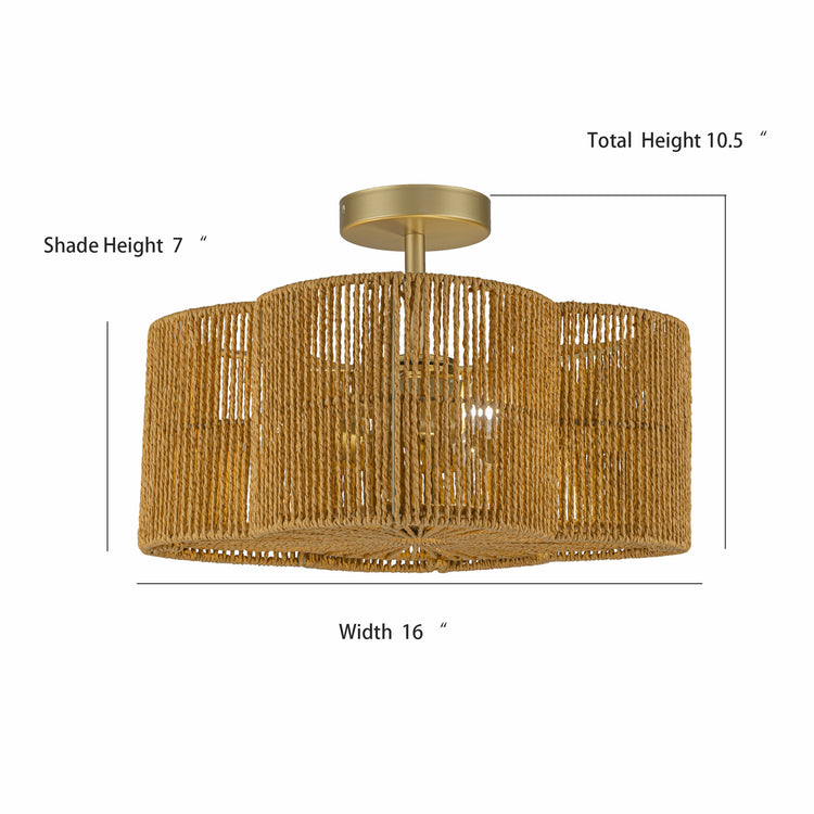 Valia 3-Light Rattan Hemp Coastal Boho 16 in. Gold Semi Flush Mount