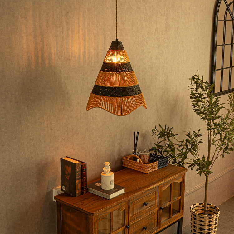 Marina 1-Light Farmhouse Woven Cone Hanging Light in Brass