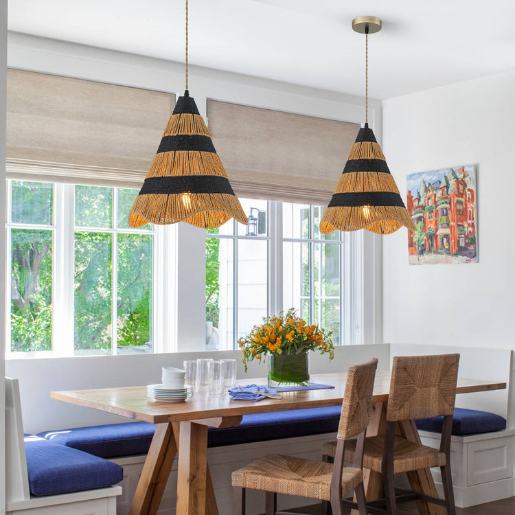 Marina 1-Light Farmhouse Woven Cone Hanging Light in Brass