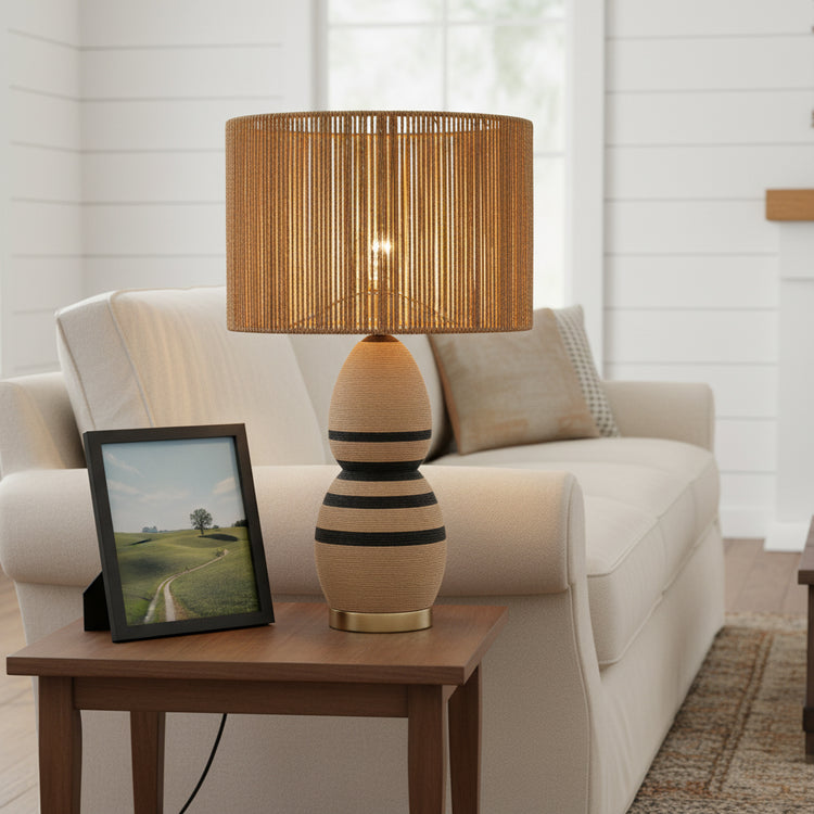 Brise 27 in. Rattan Table Lamp with USB 3-Way Touch Dimmer Brown & Black