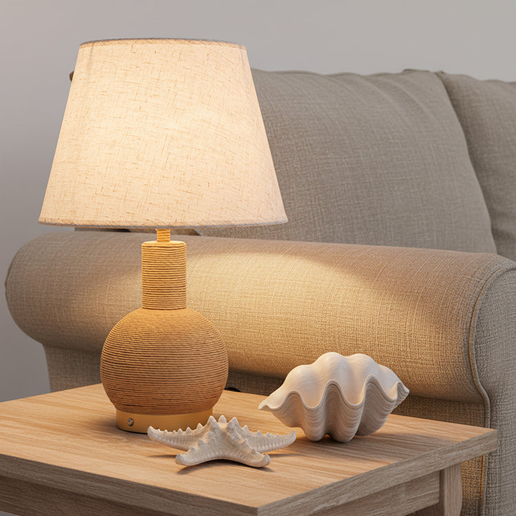 Amber 19 in. Rattan Table Lamp with USB 3-Way Touch Dimmer Linen Shade