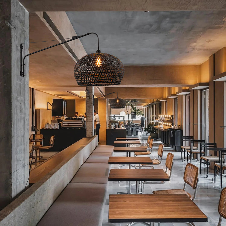 Vienna Plug-In Adjustable Swing Arm Wall Lamp in Matte Black Extendable Arm Rattan Shade