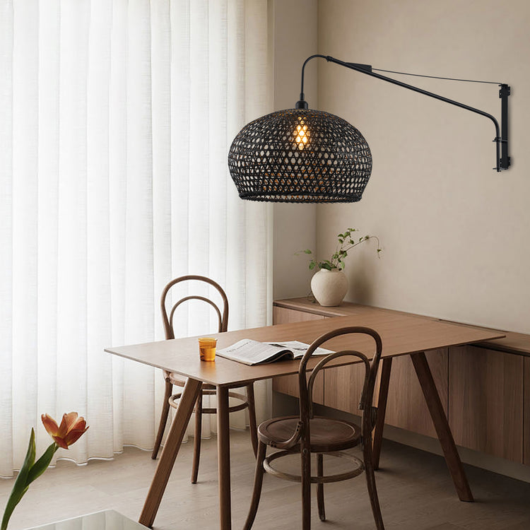 Vienna Plug-In Adjustable Swing Arm Wall Lamp in Matte Black Extendable Arm Rattan Shade