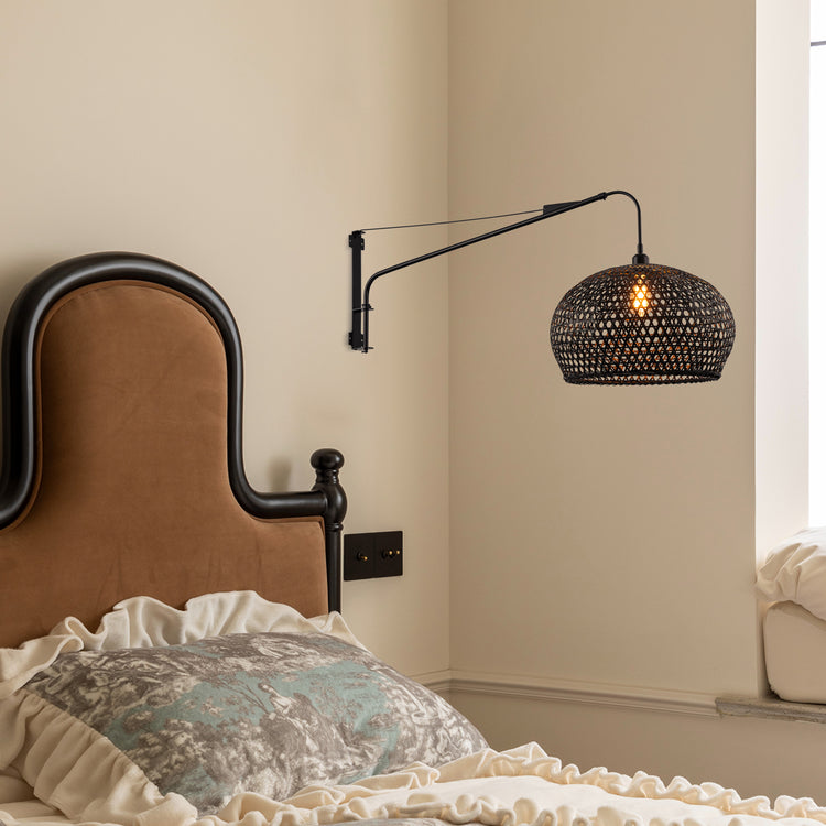 Vienna Plug-In Adjustable Swing Arm Wall Lamp in Matte Black Extendable Arm Rattan Shade