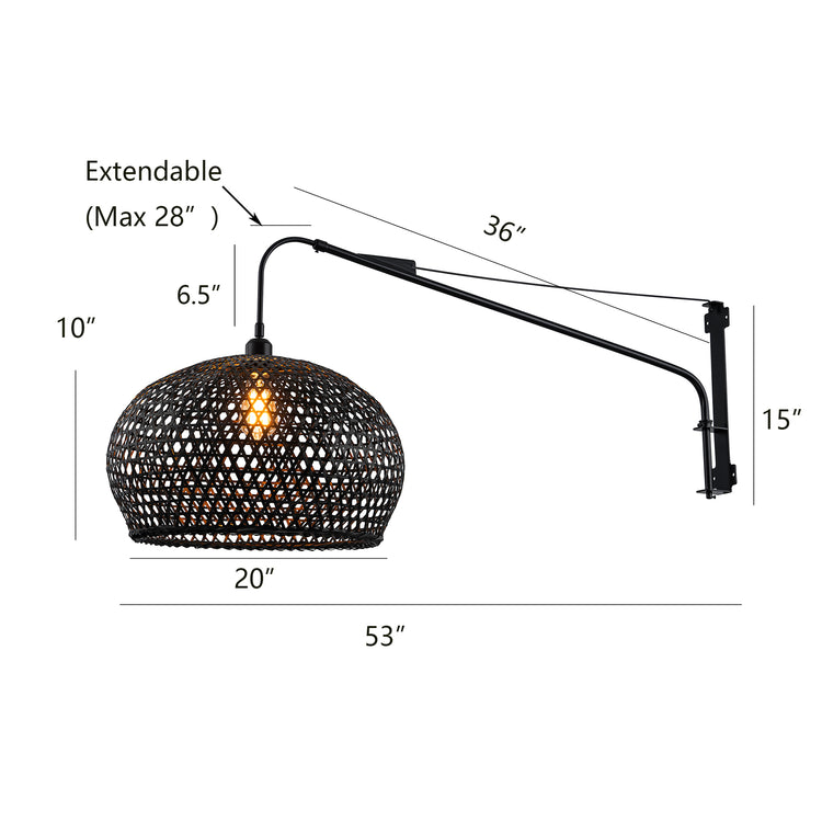 Vienna Plug-In Adjustable Swing Arm Wall Lamp in Matte Black Extendable Arm Rattan Shade