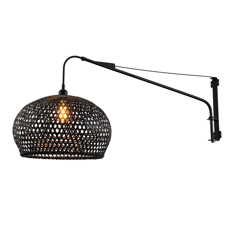 Vienna Plug-In Adjustable Swing Arm Wall Lamp in Matte Black Extendable Arm Rattan Shade