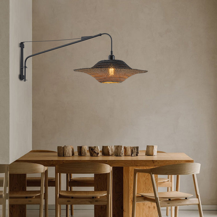 Vienna Plug-In Adjustable Swing Arm Wall Lamp in Matte Black Extendable Arm Rattan Shade