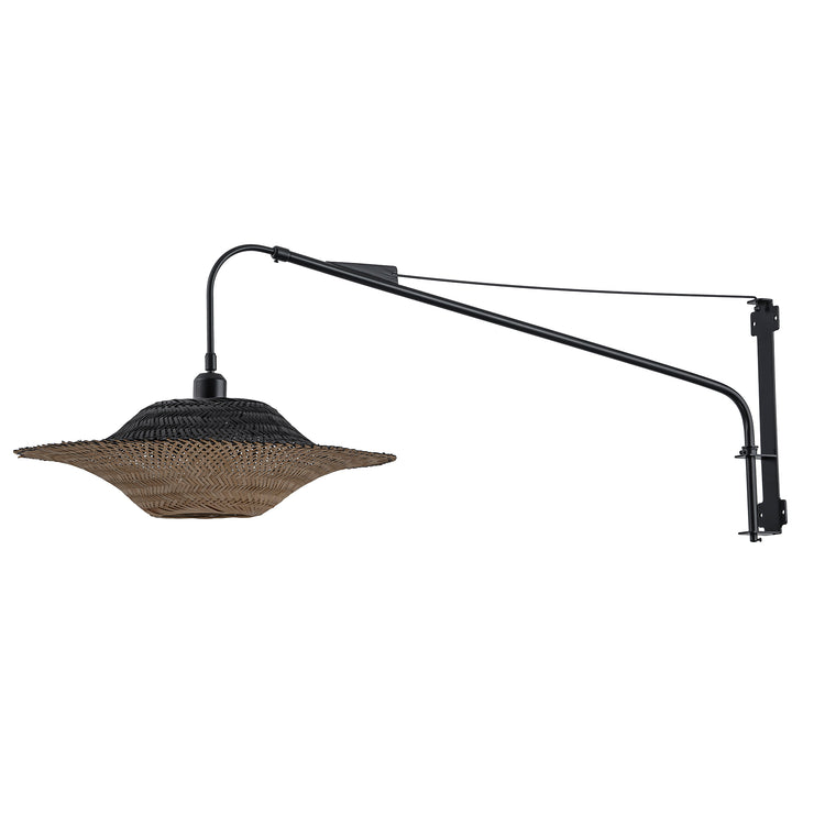 Vienna Plug-In Adjustable Swing Arm Wall Lamp in Matte Black Extendable Arm Rattan Shade