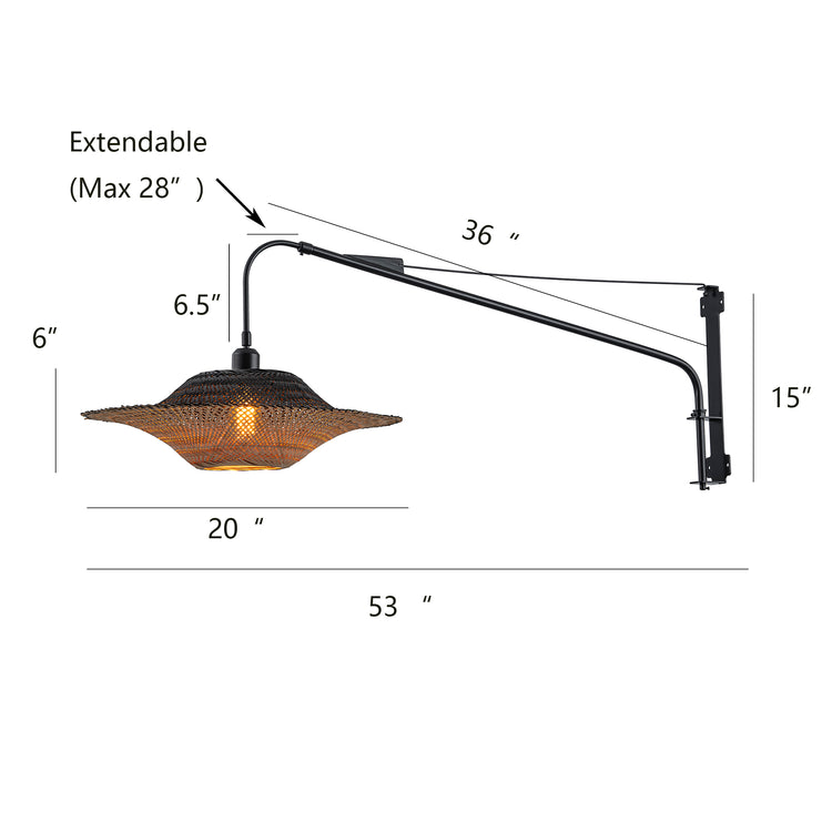 Vienna Plug-In Adjustable Swing Arm Wall Lamp in Matte Black Extendable Arm Rattan Shade