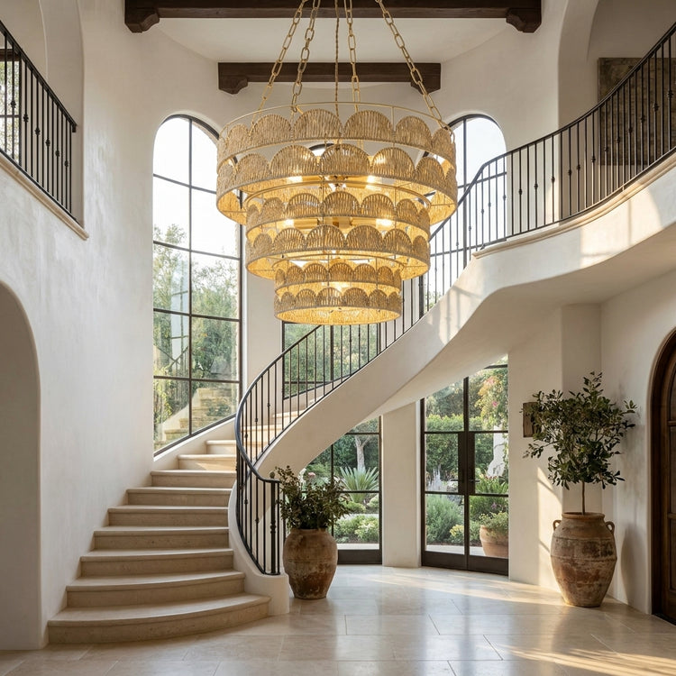 Auris 7-Light Rattan Tiered Chandelier, Coastal Boho Handwoven Statement Lighting