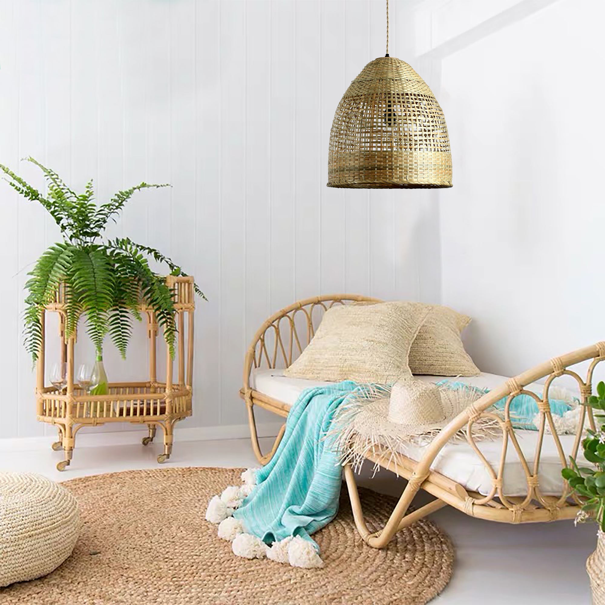 A gorgeous modern bohemian Bell shape Hand crafted woven rattan single ...