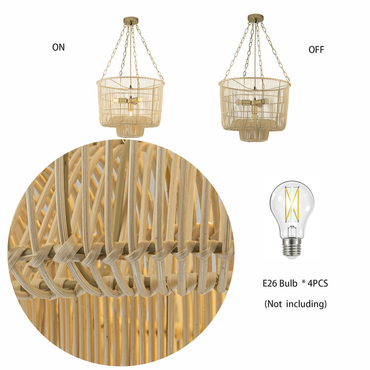 Mahtab 4-Light Tiered Rattan Pendant Chandelier, Coastal Boho Gold Frame
