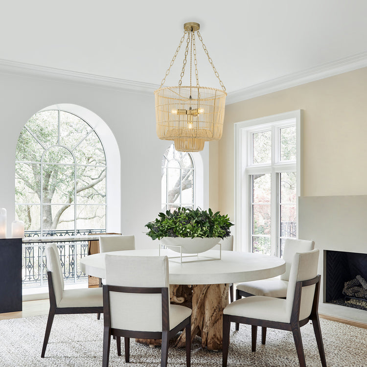 Mahtab 4-Light Tiered Rattan Pendant Chandelier, Coastal Boho Gold Frame