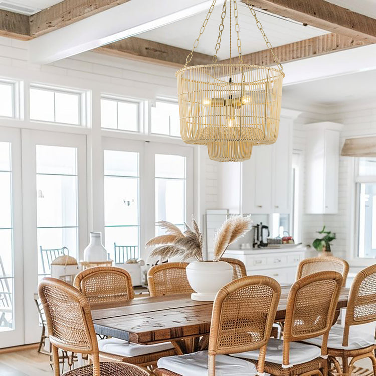 Mahtab 4-Light Tiered Rattan Pendant Chandelier, Coastal Boho Gold Frame