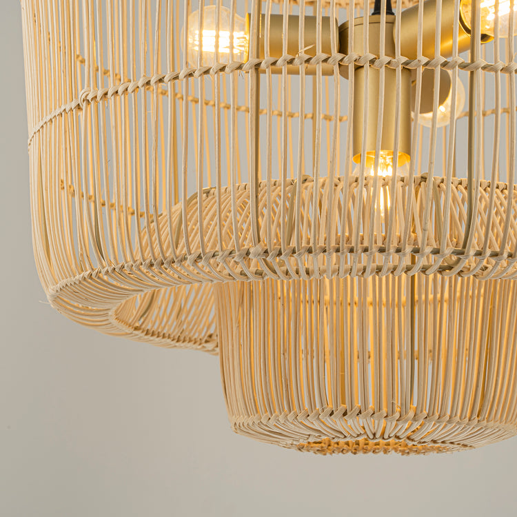 Mahtab 4-Light Tiered Rattan Pendant Chandelier, Coastal Boho Gold Frame