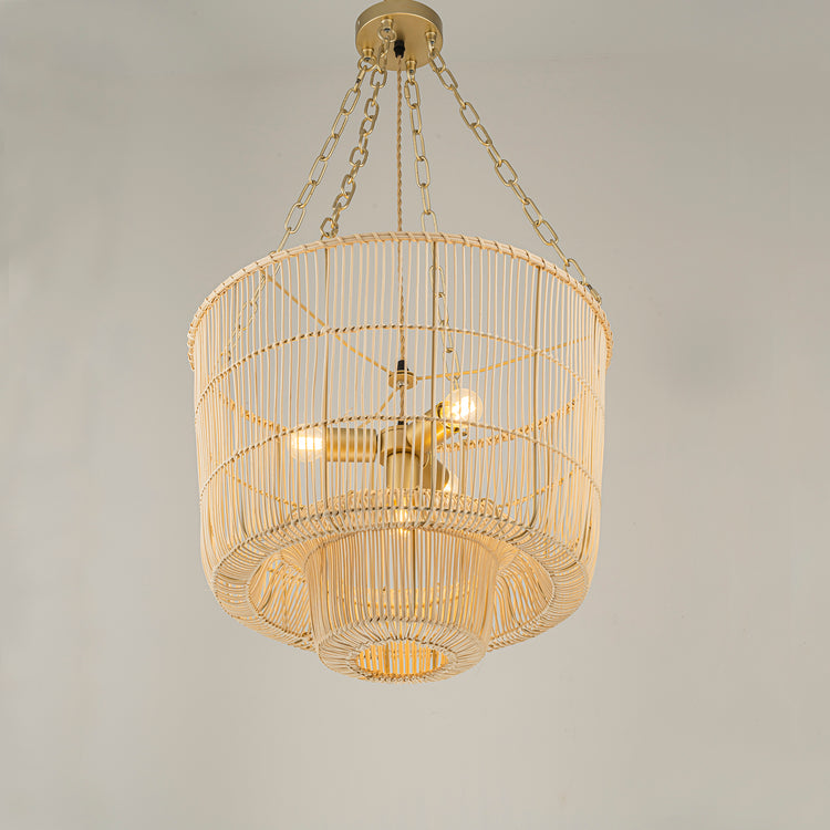 Mahtab 4-Light Tiered Rattan Pendant Chandelier, Coastal Boho Gold Frame