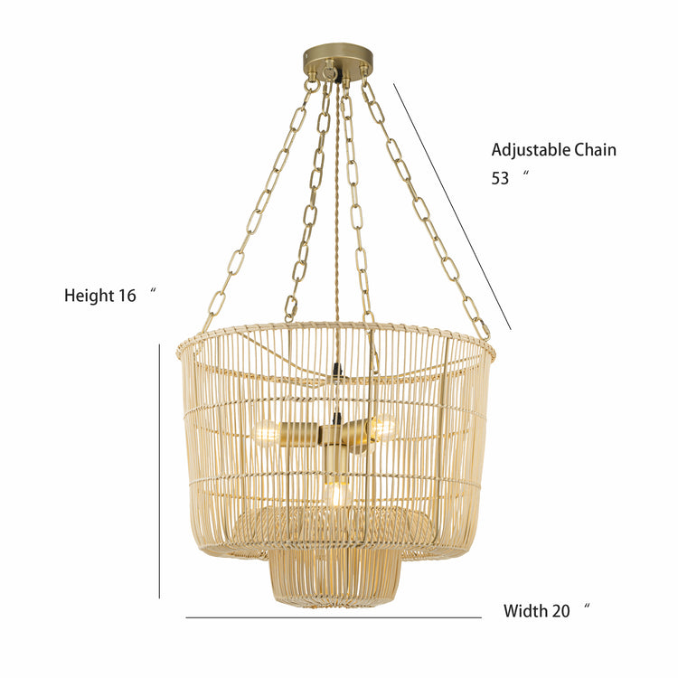 Mahtab 4-Light Tiered Rattan Pendant Chandelier, Coastal Boho Gold Frame