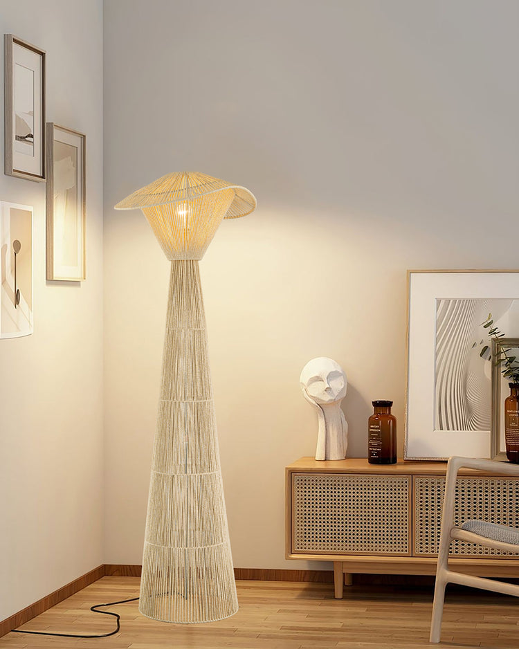 Handwoven Rattan Floor Lamp, Coastal Boho Natural Fiber Hat Shade