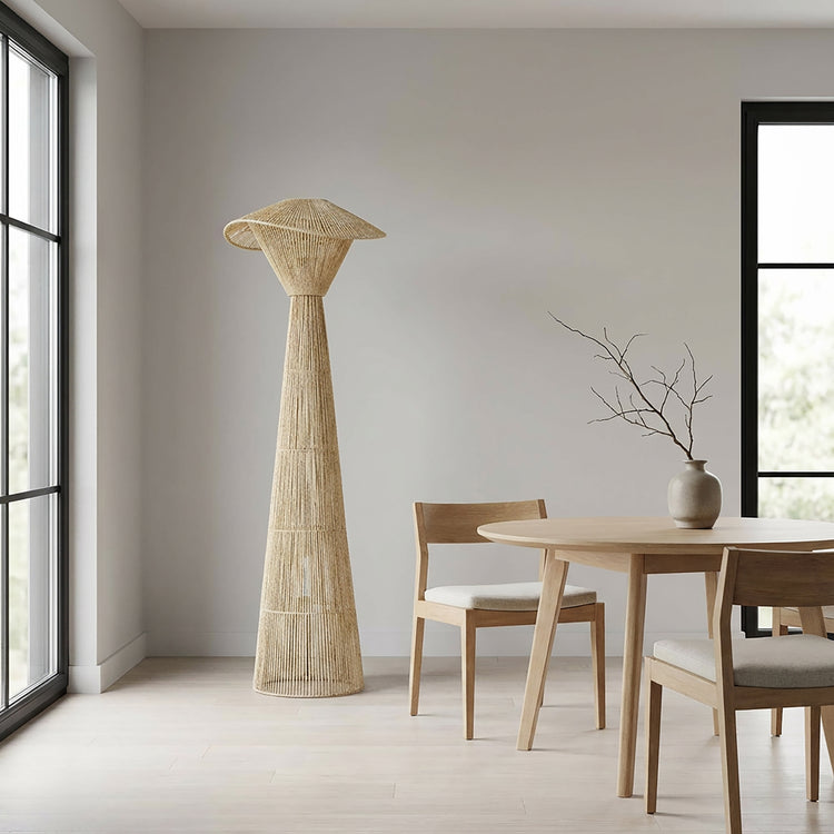 Handwoven Rattan Floor Lamp, Coastal Boho Natural Fiber Hat Shade