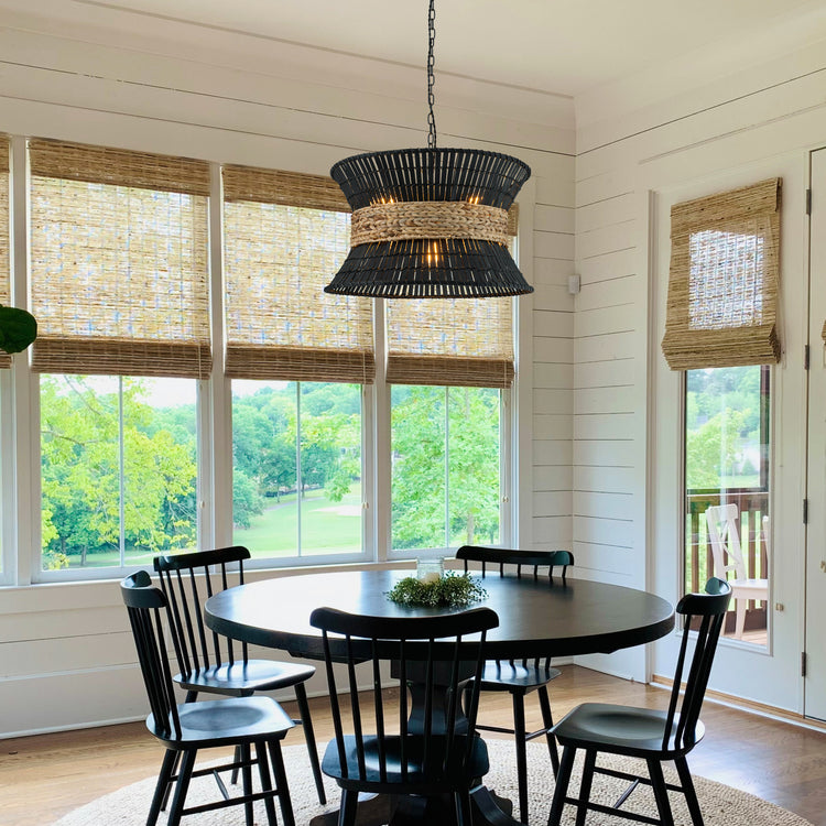 Umber 4 Light Black Rattan Coastal Nautical Chandelier