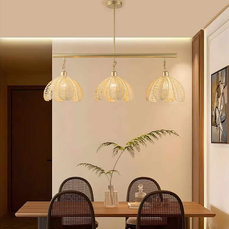 Cali 3-Light Wicker Flower Linear Pendant, Coastal Boho - Handwoven