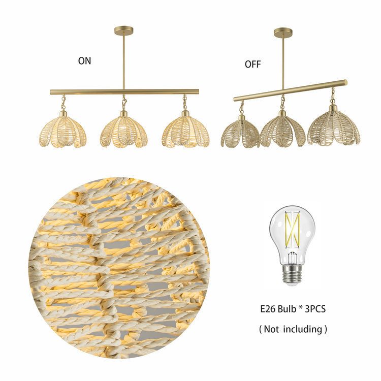 Cali 3-Light Wicker Flower Linear Pendant, Coastal Boho - Handwoven