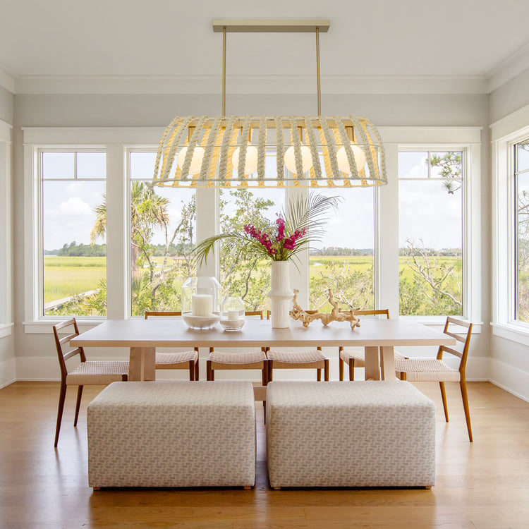 Roka 4-Light Rattan Linear Pendant Light, Coastal Boho Handwoven Dining Fixture