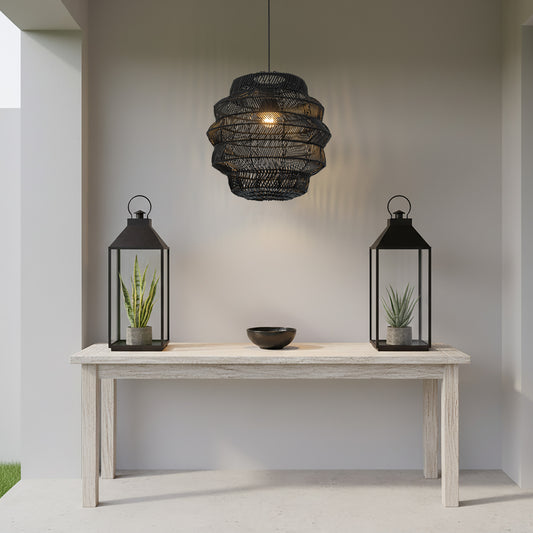 Cana 1-Light Wicker Outdoor Pendant, Coastal Boho Tiered Drum - Handwoven Matte Black