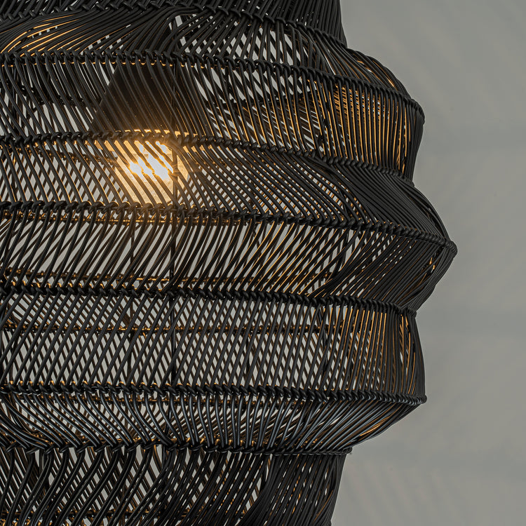 Cana 1-Light Wicker Outdoor Pendant, Coastal Boho Tiered Drum - Handwoven Matte Black